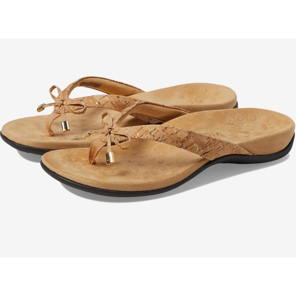 Vionic Bella II Flip Flop Sandals 11 Tan Cork Bow Orthopedic Thong Coastal‎ Chic